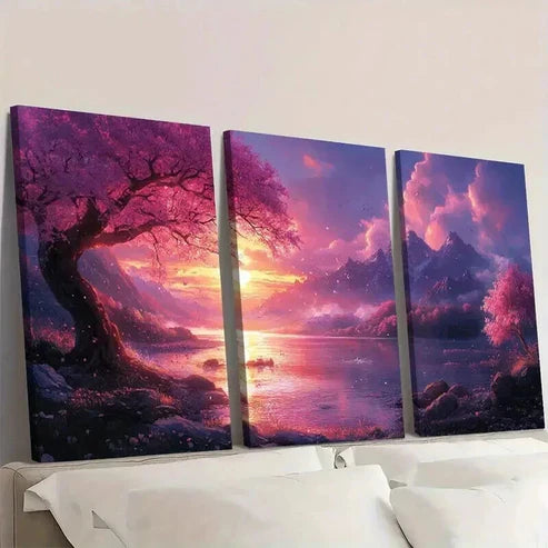 3pcs Pink Blossom Tree & Fantasy Landscape Wall Art Canvas Unframed - High Quality Print 100% Australian Made Wall Canvas