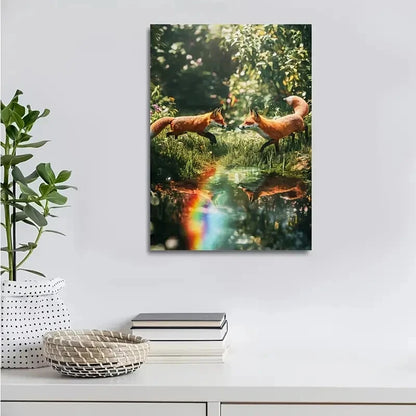 Scene of Fox Chasing Each Other in a Lush Green 40x60cm Metal Print Ready to Hang