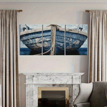 Triptych painting of a blue boat hanging above a fireplace in a living room.