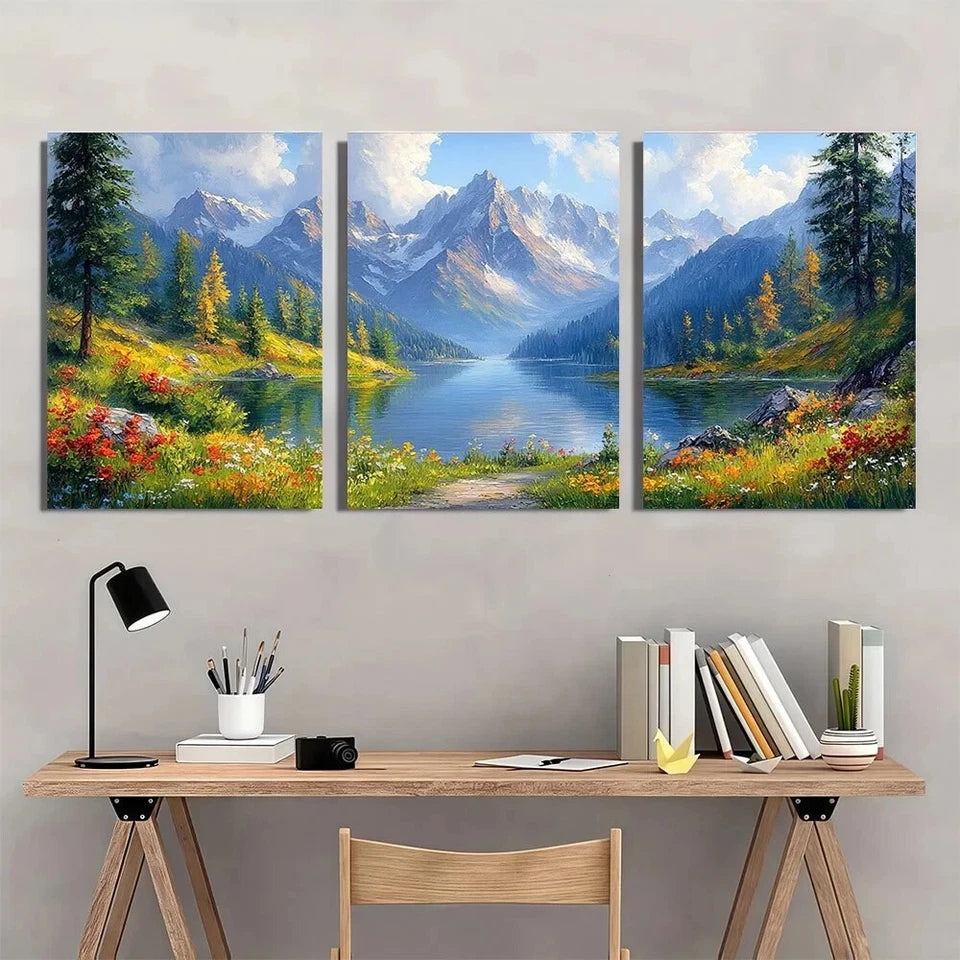 3pcs Mountain Lake Greenery & Vibrant Wildflowers Metal Print Ready to Hang Art
