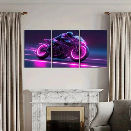 3pcs Cyberpunk Motorcycle Neon Pink & Purple Wall Art Set Canvas Framed 40x60cm - High Quality Print 100% Australian Made Wall Canvas Ready to Hang