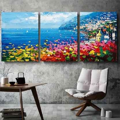 3pcs Vibrant Flower Field and Mediterranean Metal Print Ready to Hang Art