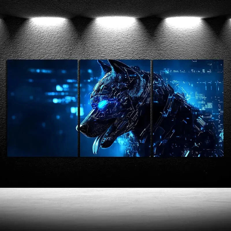 3pcs Cybernetic Dog Stunning Blue Themed Metal Print Ready to Hang Art