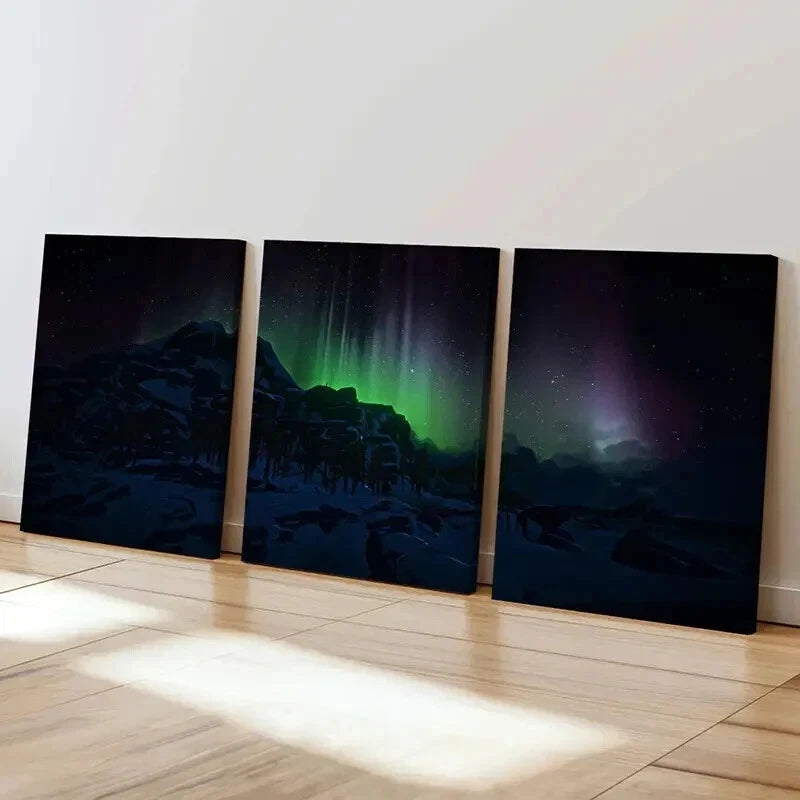 3pcs Natural Aurora in Snowy Landscape Wall Art Set Canvas Framed 40x60cm - High Quality Print 100% Australian Made Wall Canvas Ready to Hang