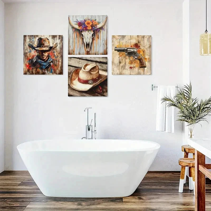 4pcs Western Cowboy-Themed Wall Art Canvas Framed