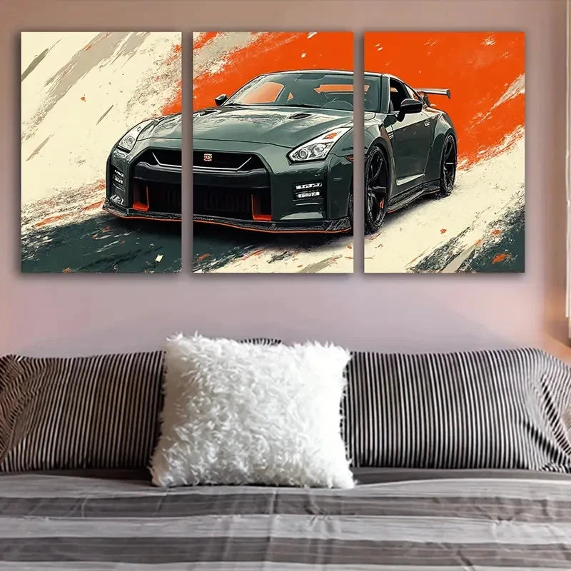 3pcs Green Nissan GT-R Car Abstract Wall Art Set Canvas Framed 50x70cm - High Quality Print 100% Australian Made Wall Canvas Ready to Hang