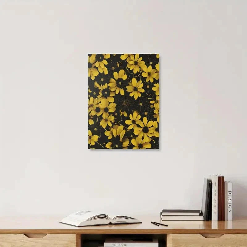 Floral painting with yellow flowers on a black background, displayed above a shelf with books.