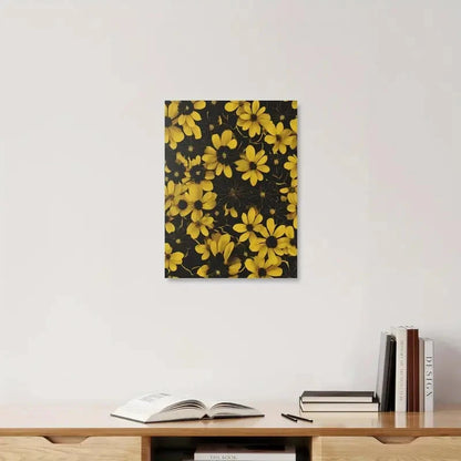 Floral painting with yellow flowers on a black background, displayed above a shelf with books.