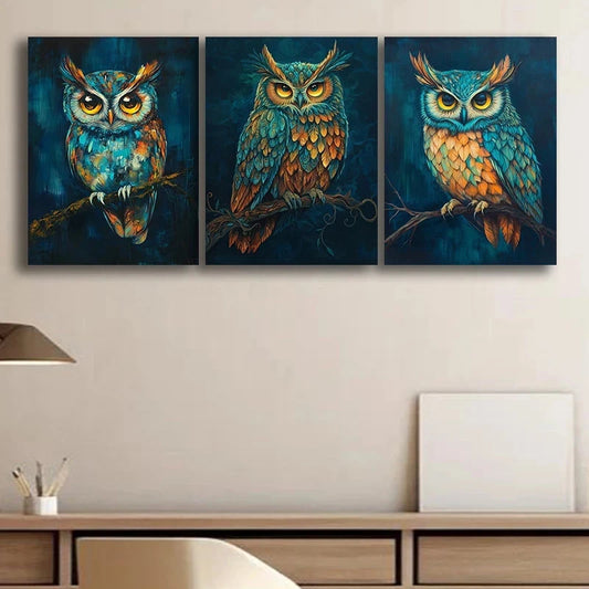 3pcs Full Body Owl Painting Bird Themed Metal Print Ready to Hang Art