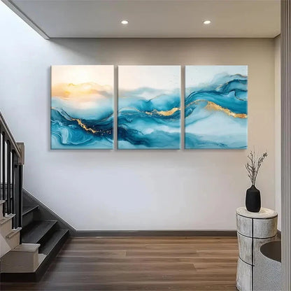 3pcs Blue and Golden Abstract Ocean Waves Metal Print Ready to Hang Art