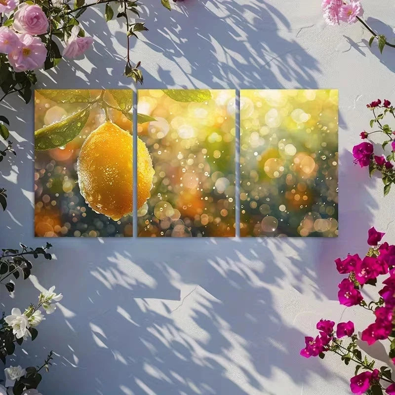 3pcs Lemon Hanging on Tree Metal Print Ready to Hang Art