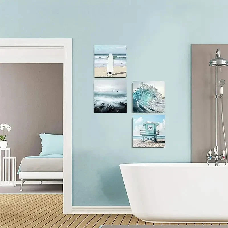 4pcs Summer Melody Surf Ocean Picture Wall Art Canvas Framed