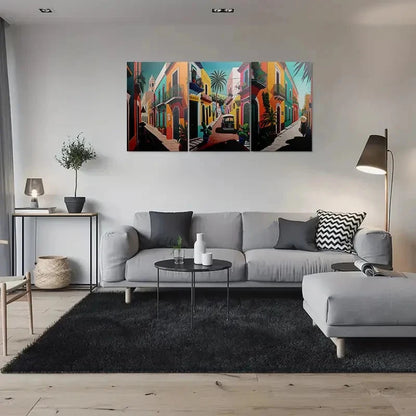 3pcs Vibrant Street Scene Balconies and Palm Trees Metal Print Ready to Hang Art