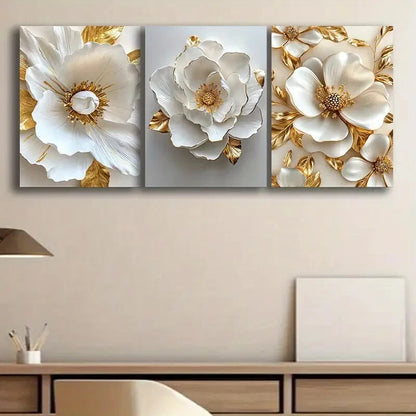 3pcs Elegant Floral Golden And White Flower Metal Print Ready to Hang Art