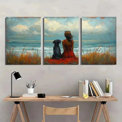 3pcs Whimsical Seaside Women With Dog Perfect Wall Art Set Canvas Framed 40x60cm - High Quality Print 100% Australian Made Wall Canvas Ready to Hang