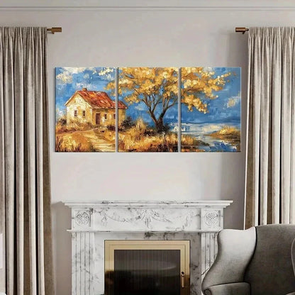 3pcs Autumn Cottage Golden Tree Serene Landscape Wall Art Set Canvas Framed 40x60cm - High Quality Print 100% Australian Made Wall Canvas Ready to Hang