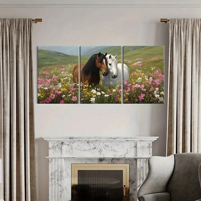 3pcs Horses in Bloom Floral Meadow Landscape Metal Print Ready to Hang Art