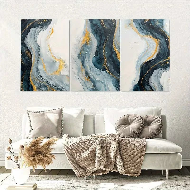 3pcs Golden and Blue Wavy Lines Wall Art Set Canvas Framed 60x90cm – High Quality Print, 100% Australian Made, Ready to Hang