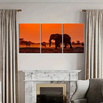 3pcs African Elephant in a Grassland at Sunset Wall Art Set Canvas Framed 40x60cm - High Quality Print 100% Australian Made Wall Canvas Ready to Hang