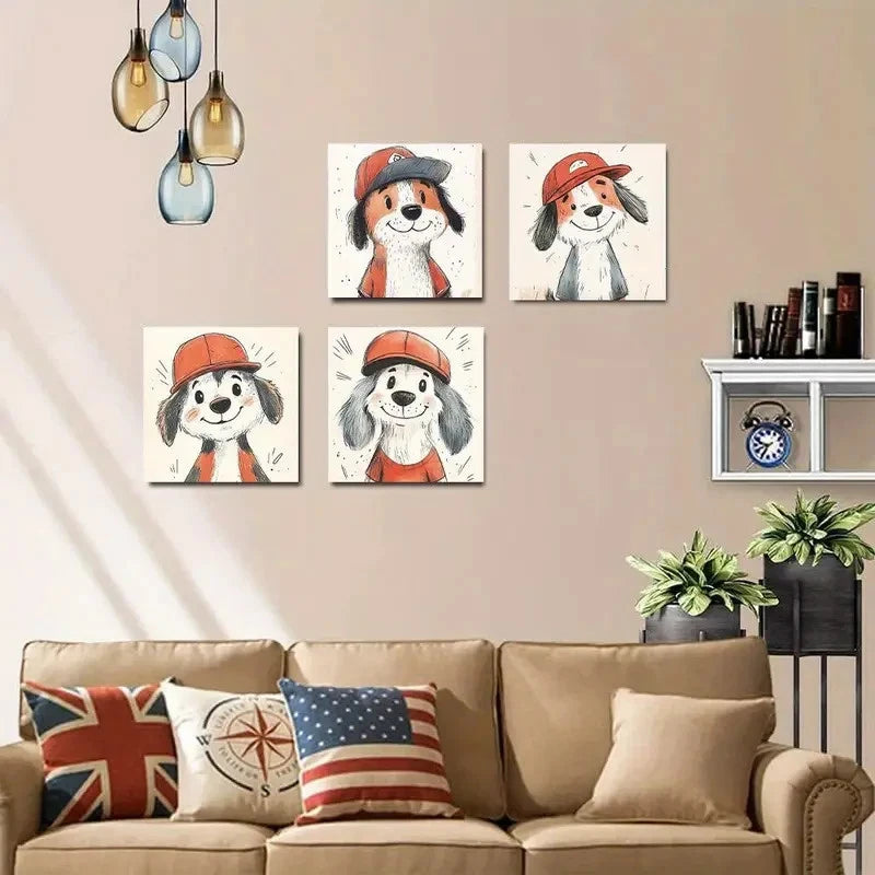 4pcs  Cute Dog Poster  Wall Art Canvas Framed