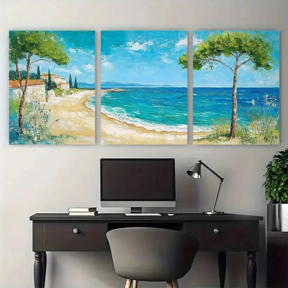 3pcs Mediterranean Beach Painting On Wall Art Set Canvas Framed 40x60cm - High Quality Print 100% Australian Made Wall Canvas Ready to Hang
