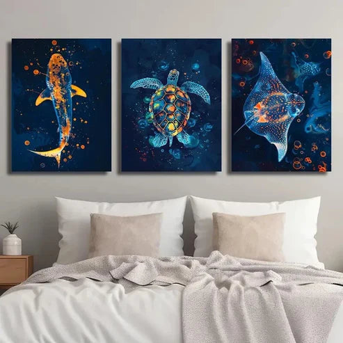 3pcs Colorful Shark Turtle and Stingray Wall Art Set Canvas Unframed - High Quality Print 100% Australian Made Wall Canvas