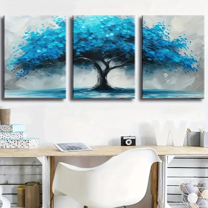 3pcs Modern Blue Tree Vintage Style Metal Print Ready to Hang Art