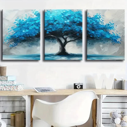 3pcs Modern Blue Tree Vintage Style Metal Print Ready to Hang Art