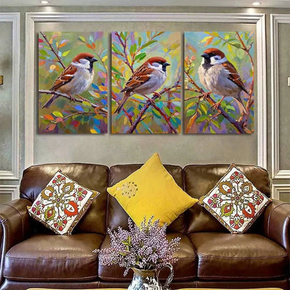 3pcs Sparrow Abstract Vibrant Colorful Foliage Metal Print Ready to Hang Art