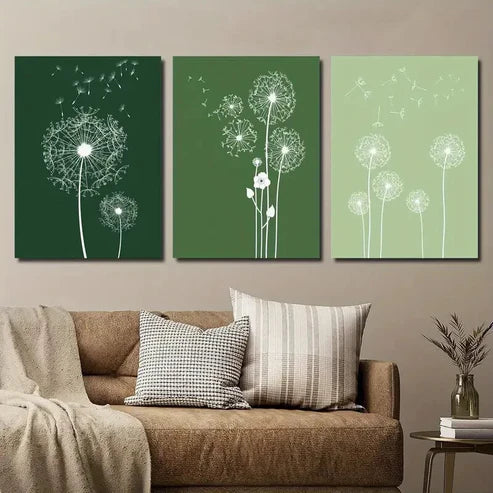 3pcs Dark & Light Green Dandelions Wall Art Set Canvas Unframed - High Quality Print 100% Australian Made Wall Canvas