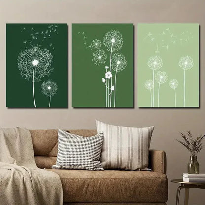 3pcs Dark & Light Green Dandelions Wall Art Set Canvas Unframed - High Quality Print 100% Australian Made Wall Canvas