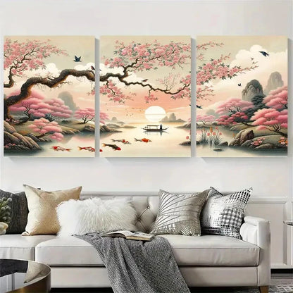 3pcs Cherry Blossom River Zen Koi Fish Metal Print Ready to Hang Art