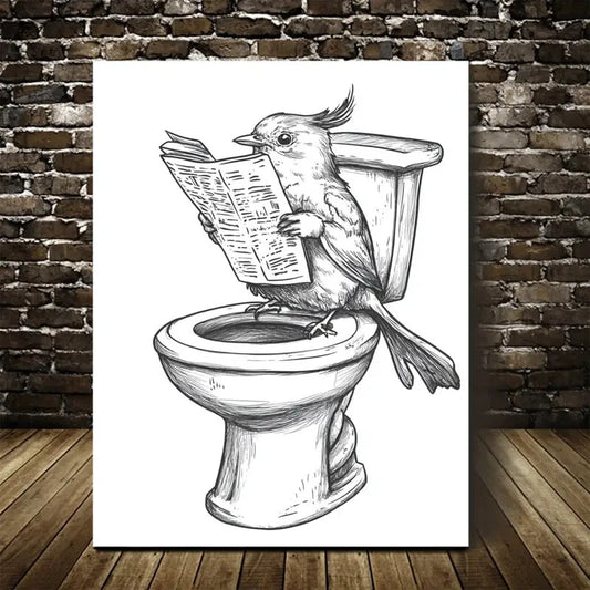 Hand Drawn Bird Reading Newspaper Painting 40x60cm Metal Print Ready to Hang