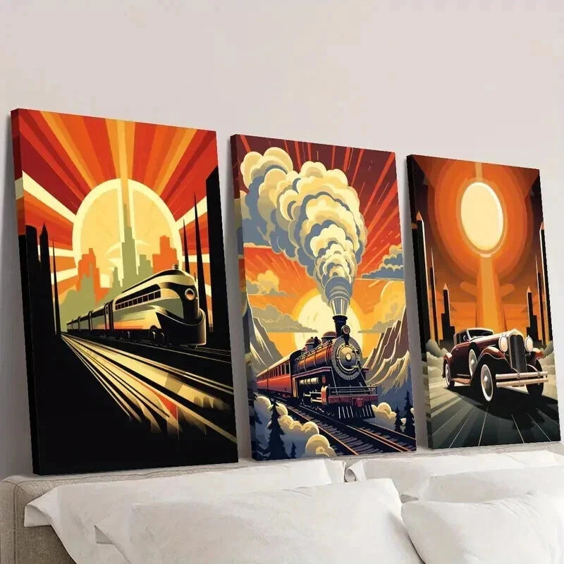 3pcs Steam Age & Industrial Cars & Trains Wall Art Set Canvas Framed 40x60cm - High Quality Print 100% Australian Made Wall Canvas Ready to Hang