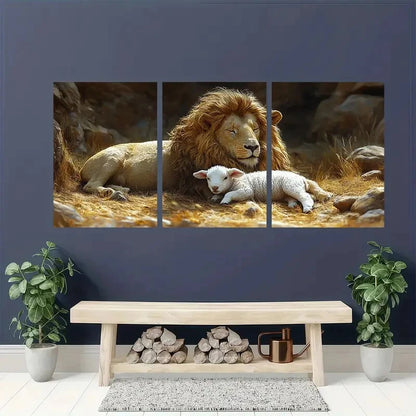 3pcs Lion and Lamb Animal Themed Metal Print Ready to Hang Art