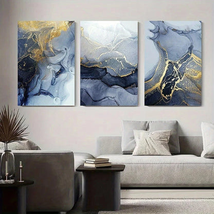 3pcs Abstract Ink and Golden Marble Metal Print Ready to Hang Art