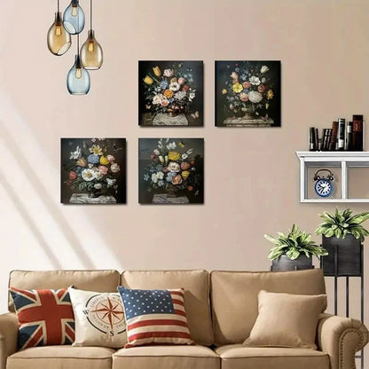4pcs Flowers With Butterflies Wall Art Canvas Framed