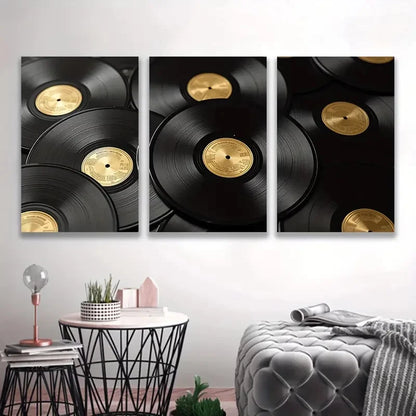 3pcs Golden & Black Vinyl Record Stacked Design Wall Art Set Canvas Framed 40x60cm - High Quality Print 100% Australian Made Wall Canvas Ready to Hang