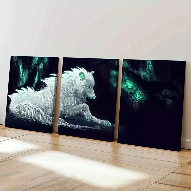 3pcs White Wolf Modern Fantasy Animal Wall Art Set Canvas Framed 40x60cm - High Quality Print 100% Australian Made Wall Canvas Ready to Hang