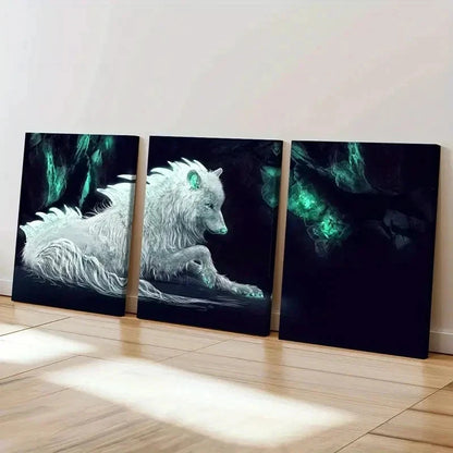3pcs White Wolf Modern Fantasy Animal Wall Art Set Canvas Framed 40x60cm - High Quality Print 100% Australian Made Wall Canvas Ready to Hang