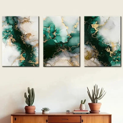 3pcs Modern Emerald Green & Gold Abstract Wall Art Set Canvas Framed 40x60cm - High Quality Print 100% Australian Made Wall Canvas Ready to Hang