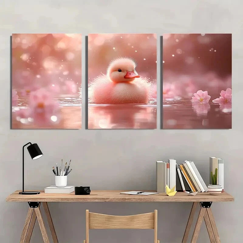 3pcs Pink Tutu Duckling Bird River Metal Print Ready to Hang Art