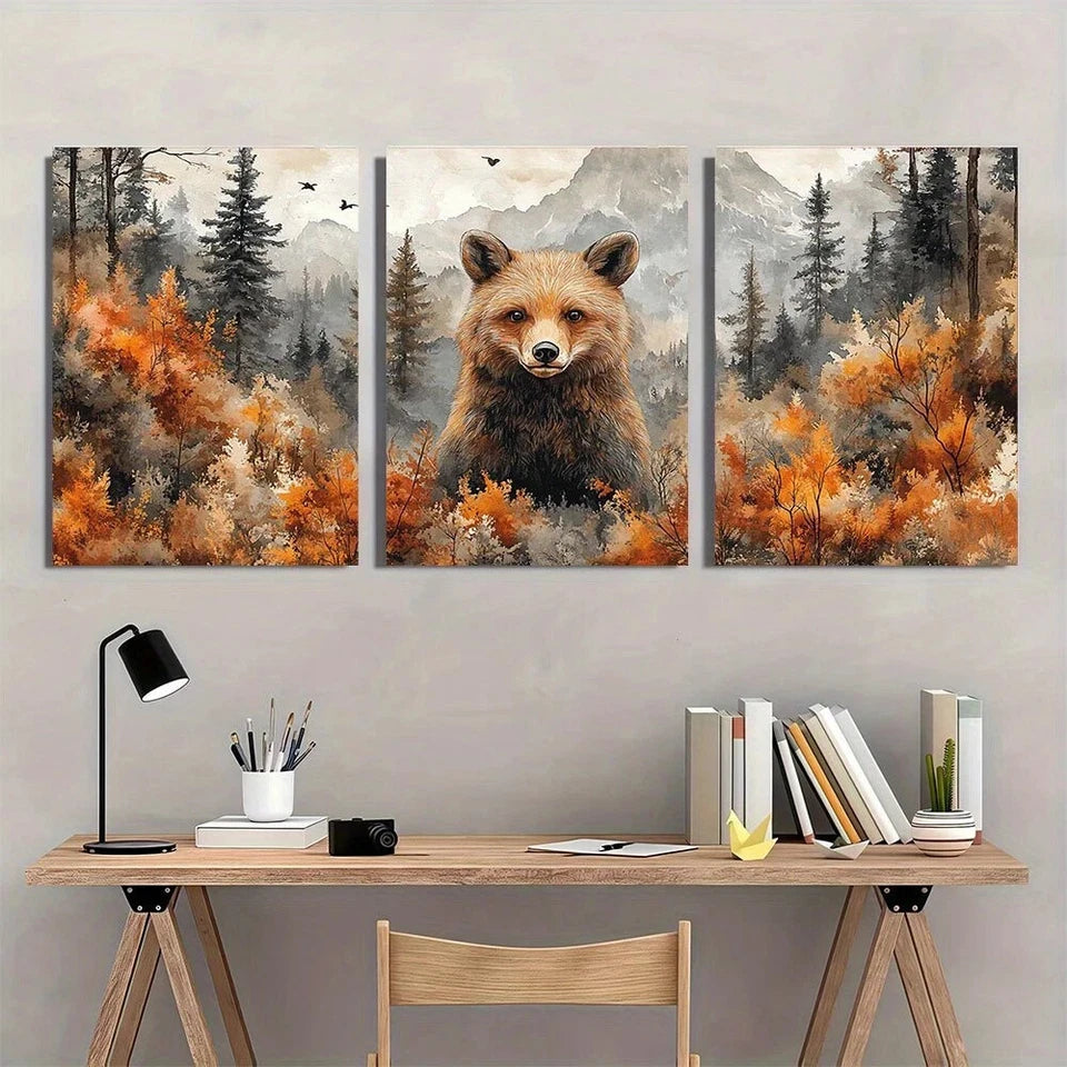 3pcs Vibrant Bear Forest Flying Birds Mountain Metal Print Ready to Hang Art