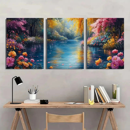 3pcs Floral River Nature Flower Perfect Wall Art Set Canvas Framed 40x60cm - High Quality Print 100% Australian Made Wall Canvas Ready to Hang