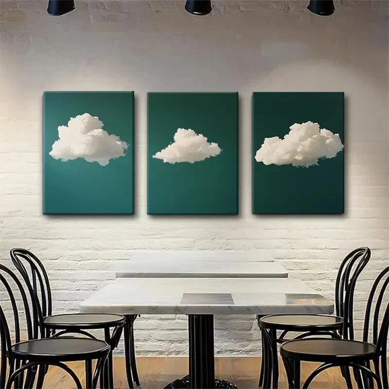 3pcs Dreamy White Clouds on Deep Green Perfect Wall Art Set Canvas Framed 40x60cm - High Quality Print 100% Australian Made Wall Canvas Ready to Hang