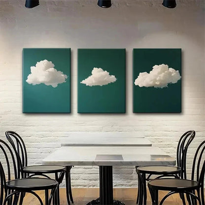 3pcs Dreamy White Clouds on Deep Green Perfect Wall Art Set Canvas Framed 40x60cm - High Quality Print 100% Australian Made Wall Canvas Ready to Hang