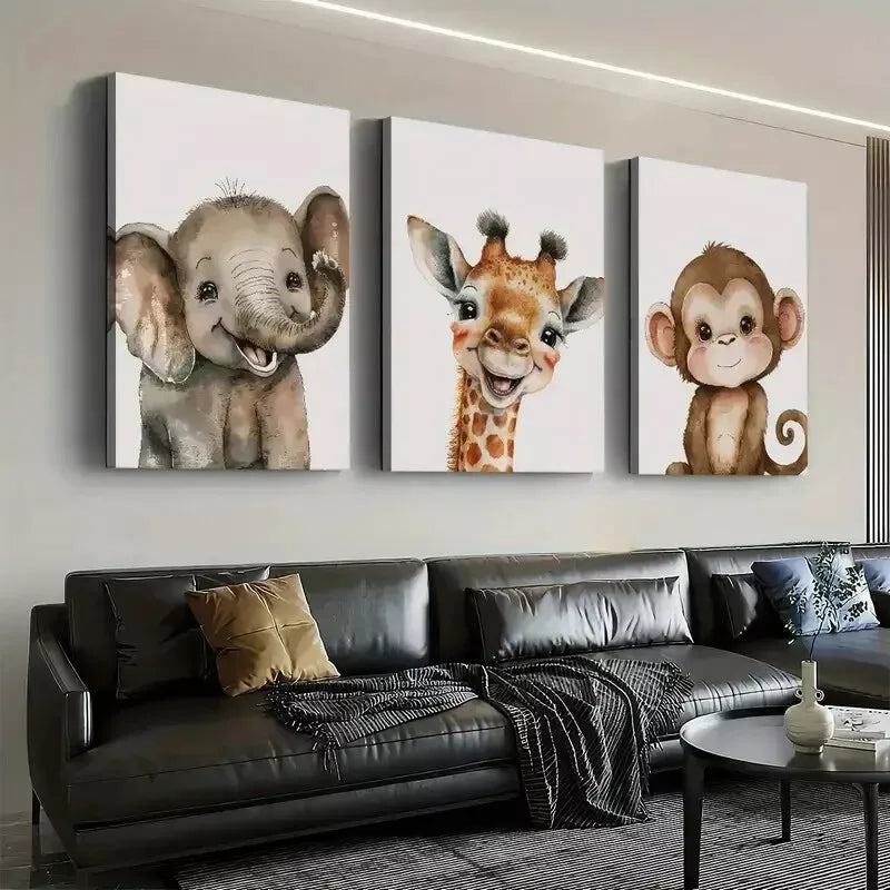 3pcs Modern Style Cute Smiling Animal Abstract Wall Art Set Canvas Framed 50x70cm - High Quality Print 100% Australian Made Wall Canvas Ready to Hang - Bella Home Decor