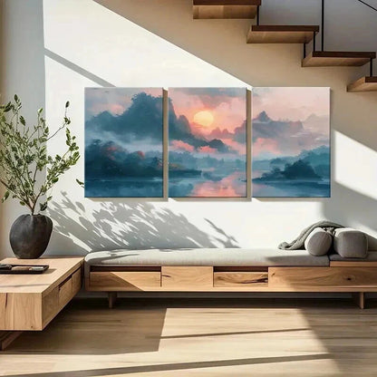 3pcs Sunrise Vintage Chinese Landscape Wall Art Set Canvas Framed 40x60cm - High Quality Print 100% Australian Made Wall Canvas Ready to Hang