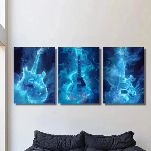 3pcs Guitars with Blue Flames Decoration Wall Art Canvas Unframed - High Quality Print 100% Australian Made Wall Canvas
