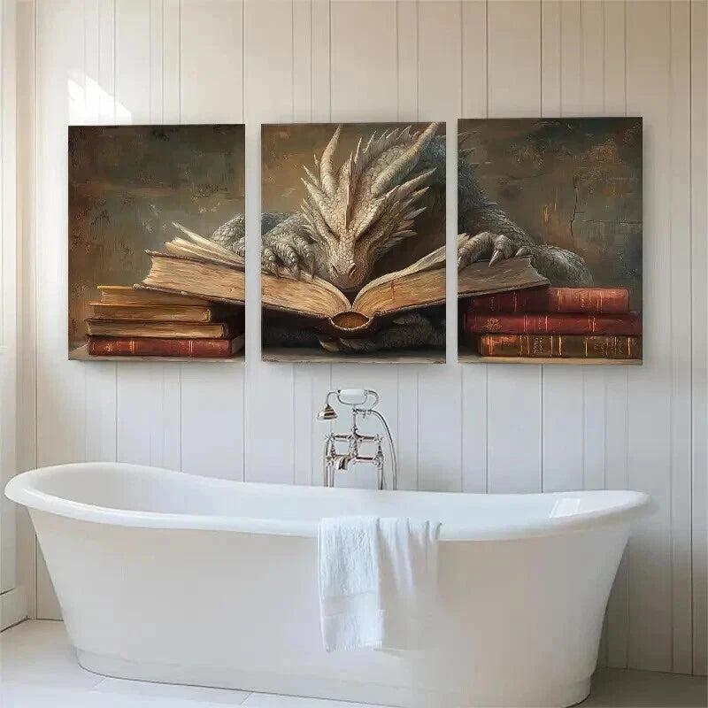 3pcs Wise Dragon Reading Books Mystical Perfect Wall Art Set Canvas Framed 40x60cm - High Quality Print 100% Australian Made Wall Canvas Ready to Hang